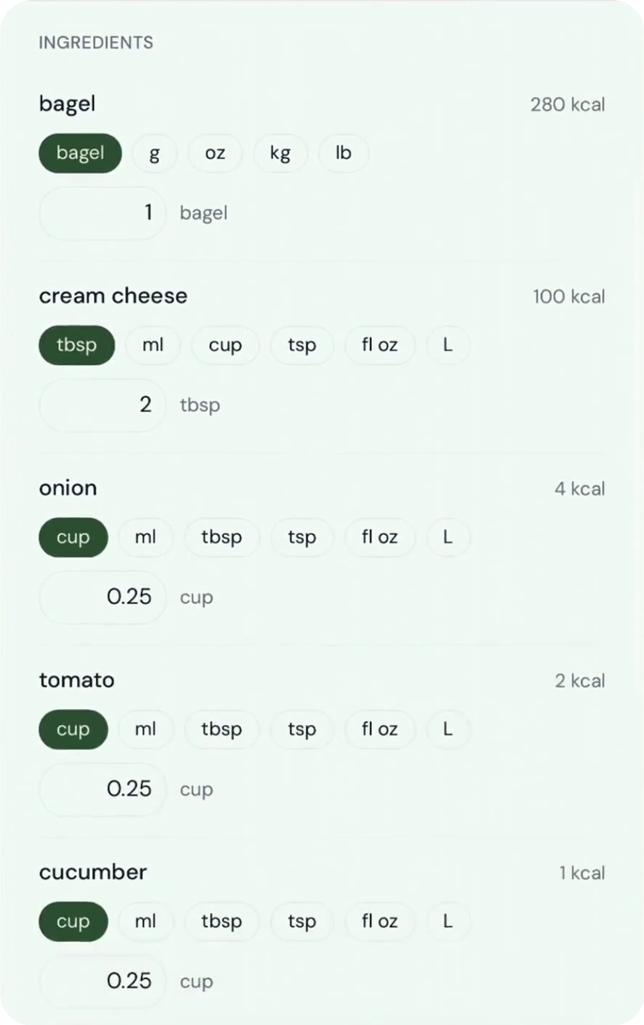 Ingredient breakdown with portions